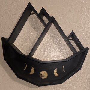 Crystal holder wall shelf hanging moon mountains lunar cycle black gold